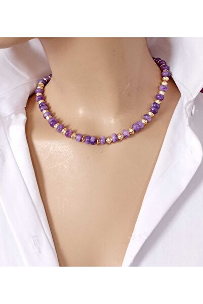 shop Aura Mor Silindir Ametist Doğal Taş Choker Kolye