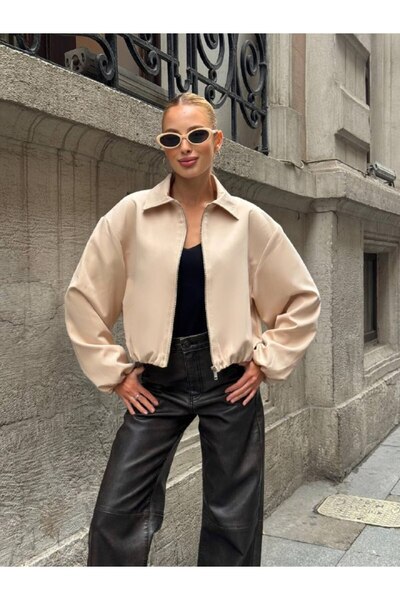 Le Savu Long Sleeve Zippered Cream-Colored Bomber Jacket