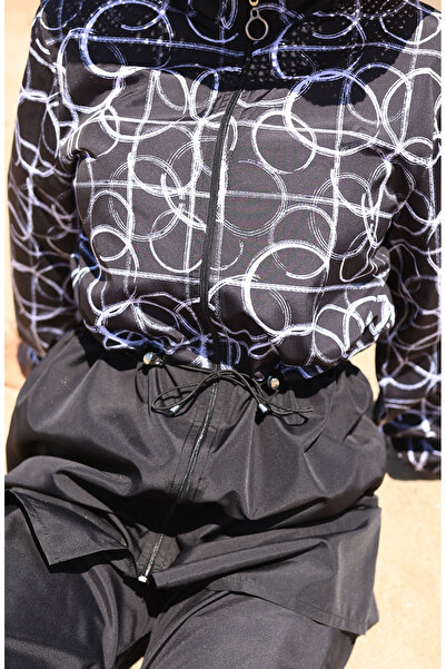 sefamerve Elastischer Bund, schattierter, gemusterter, mit Reißverschluss versehener Hijab-Badeanzug mit Kapuze, Geschenk 9005G-01, Schwarz und Weiß