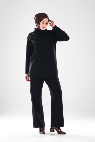 Plistre 2285_Women's Stone and Tulle Stripe Embroidered D Mock Neck Tunic and Pipe Leg Pants Set - Stretchy Fabric, Black