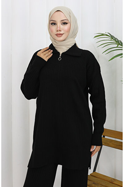 sefamerve Knitwear Zippered Striped Tunic Trousers Double Set 1073-01 Black