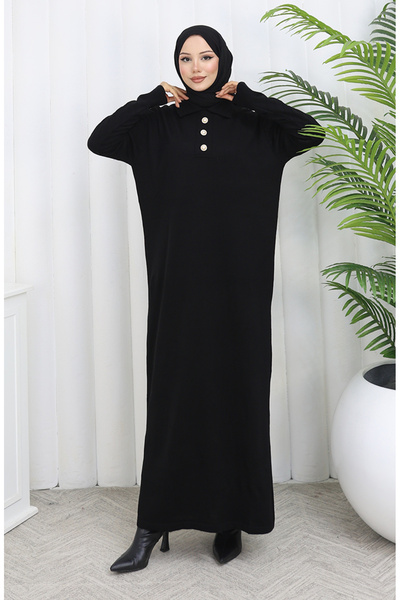 sefamerve Πλεκτό φόρεμα με γιακά πόλο με κουμπιά 1141-06 Μαύρο