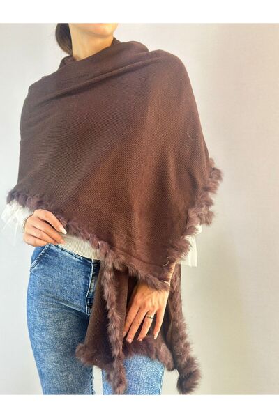Gönülden Tasarım Aci Brown Fur Tricot Women's Shawl 180X65 cm