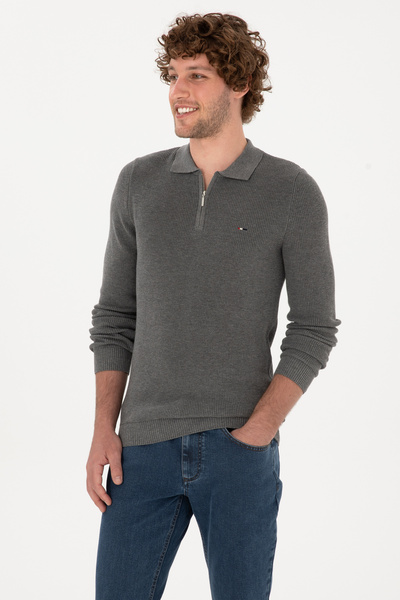 U.S. Polo Assn. Erkek Regular Fit Fermuarlı Gri Melanj Basic Kazak 50313685-VR086