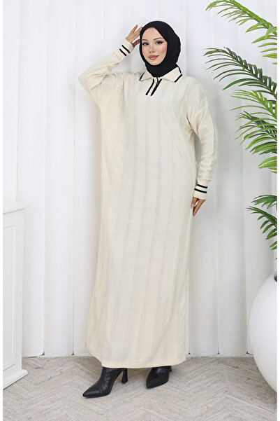 sefamerve Strickwaren-Kleid mit Polokragen und Knöpfen 1135-08 Beige