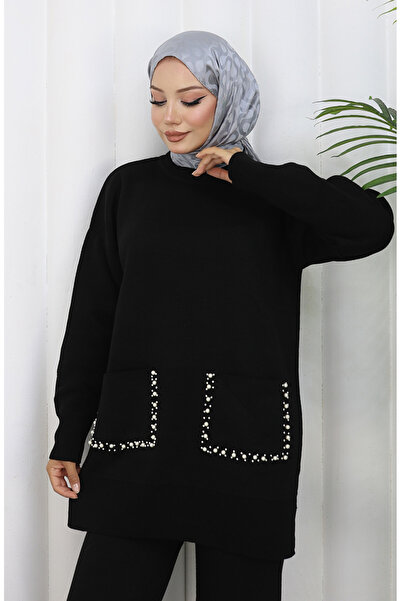 sefamerve Knitted pocketed tunic and pants two-piece set 1070-06 black