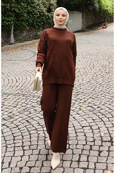 sefamerve Triko Taş Detaylı Kazak Pantolon İkili Takım 0019-03 Kahverengi
