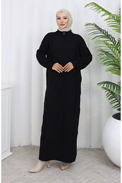 sefamerve Tricotaj material reiat Rochie cu fermoar 0005-05 Negru