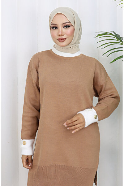 sefamerve Knitwear Sleeve Button Detail Paneled Tunic 3000-04 Milk Coffee