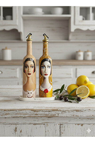 Mes Reves 750 ml Handmade Cracked Patterned Glass Oil Pot Set – with Cat Figure, Kitchen Decor