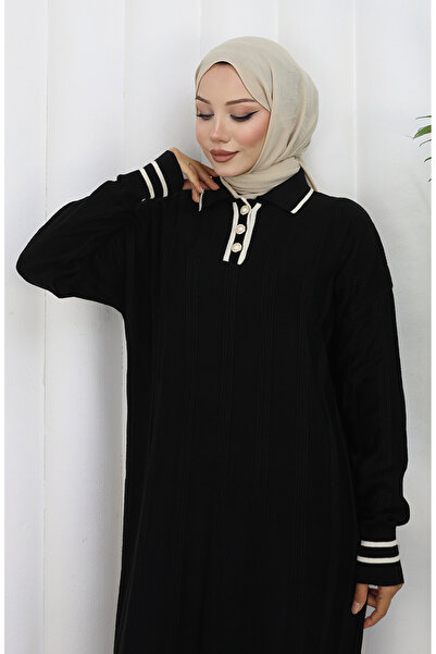 sefamerve Strickwaren-Kleid mit Polokragen und Knöpfen 1135-07 Schwarz