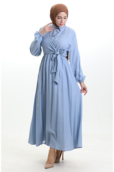 sefamerve διπλό πέτο Φόρεμα με κουμπιά με λαιμόκοψη και ζώνη 0199-04 Baby Blue