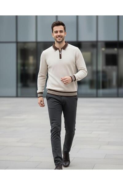 Miron Pulover tricotat cu fermoar, culoare crem, pentru bărbați - 2539