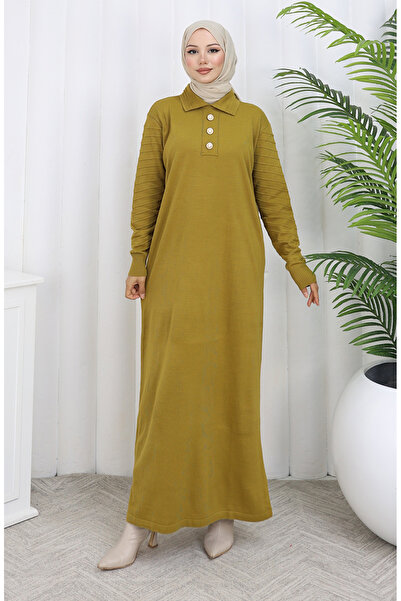 sefamerve Πλεκτό φόρεμα με κουμπιά με λαιμόκοψη πόλο 1141-08 Πράσινο λαδί