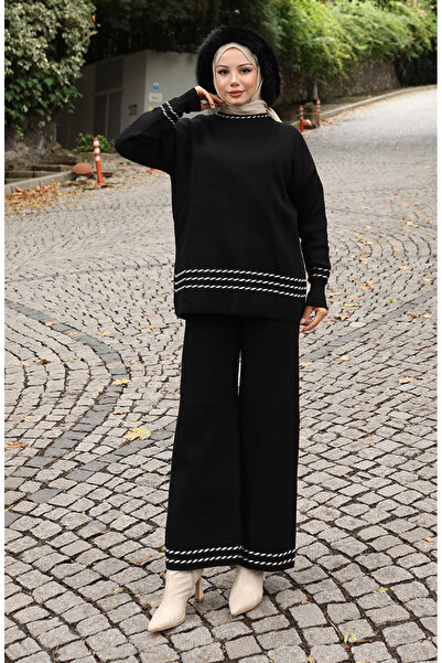 sefamerve Πλεκτό Παντελόνι Πουλόβερ Πλεκτό Σετ Δύο Τεμάχια 0017-01 Μαύρο