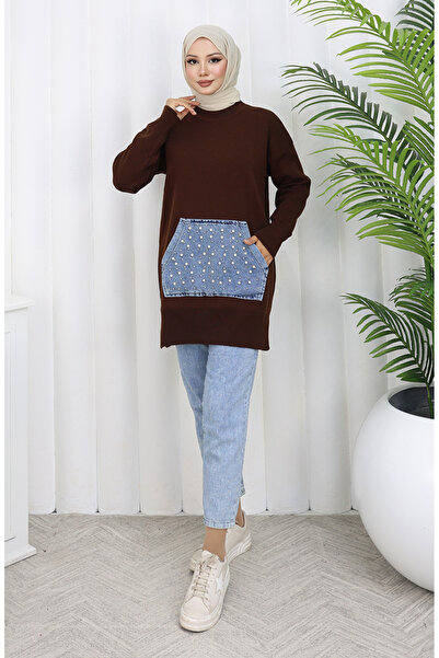 sefamerve Knitwear Kangaroo Pocket Pearl Detailed Tunic 3030-01 Brown