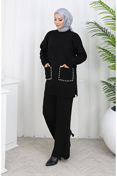 sefamerve Knitted pocketed tunic and pants two-piece set 1070-06 black