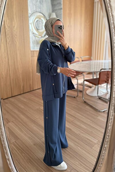 Ka Hijab Комплект от ежедневни модални дрехи с детайли с копчета - индиго