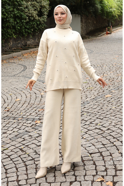 sefamerve Triko Taş Detaylı Kazak Pantolon İkili Takım 0019-05 Bej