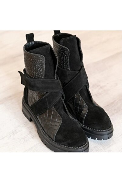 exclusives.ro Ghete dama - Bristol Croco Black - inaltime medie - piele natur...