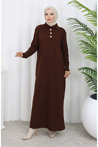 sefamerve Knitwear Polo Neck Button Dress 1141-04 Brown