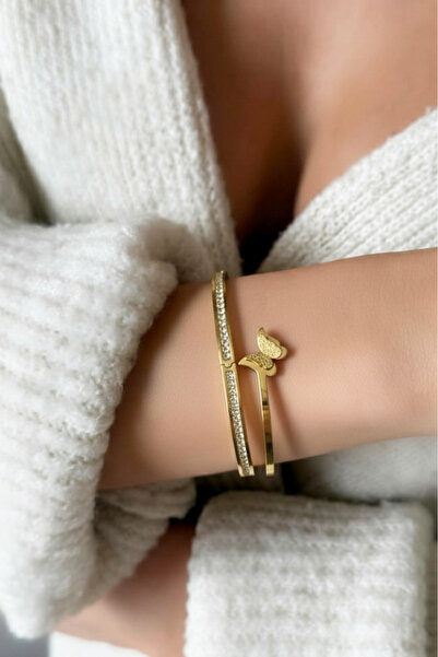 Modacaprea Çelik Simli Kelebek Su Yolu Kadın Kelepçe Bileklik – 18 Cm Altın R...