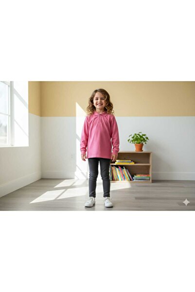 ZACHARIUZ Tricou unisex pentru copii cu guler polo școală basic roz cu mânecă lungă tricou