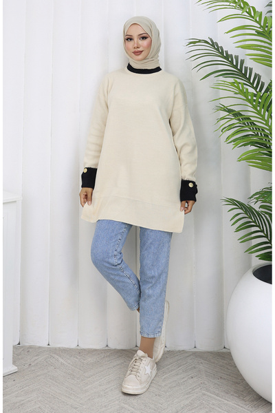 sefamerve Strickwaren-Tunika mit Knopfdetail und Verzierung 3000-07 Beige