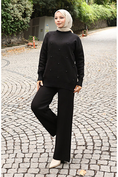 sefamerve Strickwaren-Set mit Steindetails, Pullover und Hose, zweiteilig, 0019-04, Schwarz