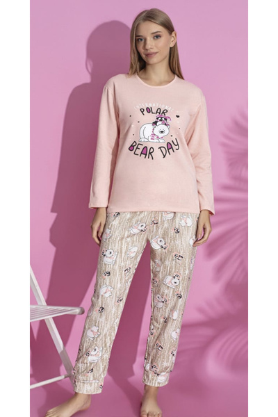 embody Set de pijamale pentru femei din bumbac cu bumbac, bluză și pantaloni lungi, culoare coral 15442