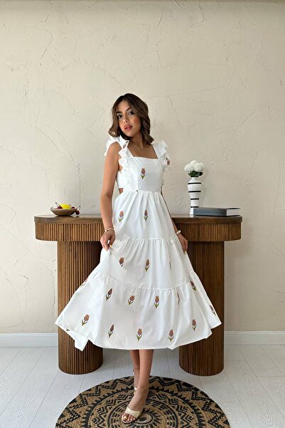 Leina Beyaz A Kesim Çiçekli Desenli Fırfırlı Kollu Elbise