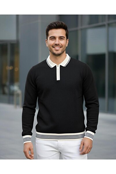 Miron Pulover tricotat cu fermoar cu guler polo negru pentru bărbați - 2539