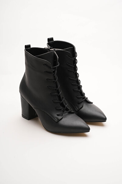 Lizzu Γυναικείες μπότες με κορδόνια με φερμουάρ με χοντρό τακούνι Vorena Black Skin