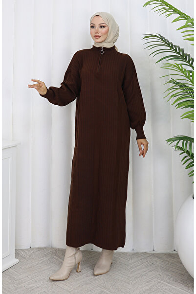 sefamerve Tricotaj material reiat Rochie cu fermoar 0005-04 Maro