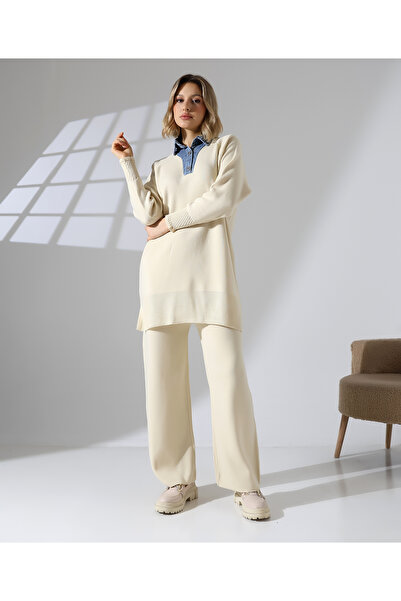 Cemre Life Women's Knitwear Two-Piece Set – Denim-Look Collar Detail Sweater and Wide-Leg Pants