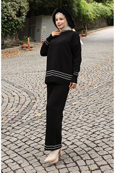 sefamerve Πλεκτό Παντελόνι Πουλόβερ Πλεκτό Σετ Δύο Τεμάχια 0017-01 Μαύρο