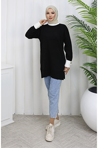 sefamerve Πλεκτό με λεπτομέρεια με κουμπιά συνδυασμός υφασμάτων τουνίκ 3000-01 Μαύρο