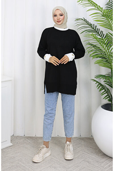 sefamerve Πλεκτό με λεπτομέρεια με κουμπιά συνδυασμός υφασμάτων τουνίκ 3000-01 Μαύρο