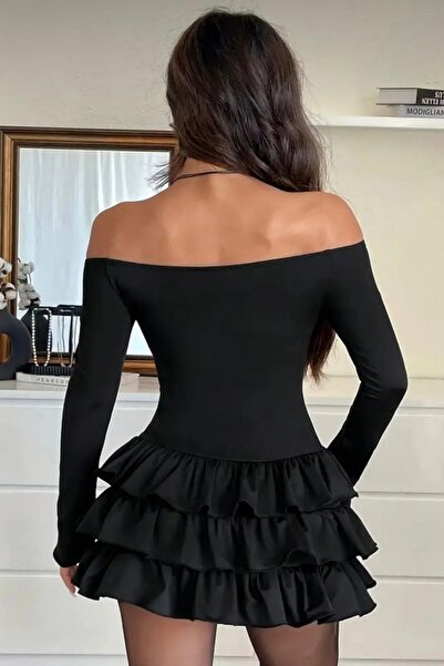 DİONNA ETEĞİ KAT KAT KAYIK YAKA UZUN KOLLU ELBİSE