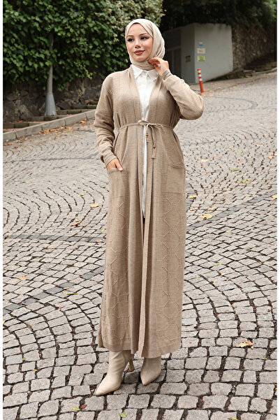 sefamerve Πλεκτά κοτλέ Μακριά Ζακέτα 0030-05 Μπεζ