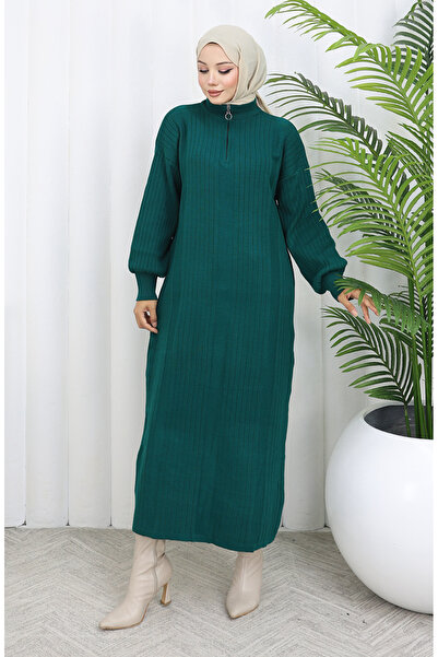 sefamerve Tricotaj material reiat Rochie cu fermoar 0005-03 Petrol