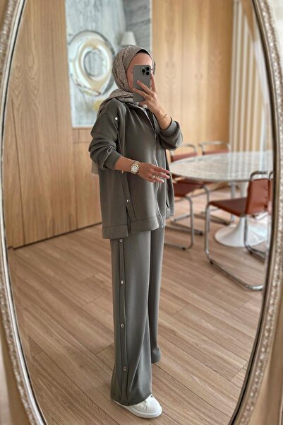 Ka Hijab Σετ Casual Modal με λεπτομέρεια κουμπώματος - Χακί