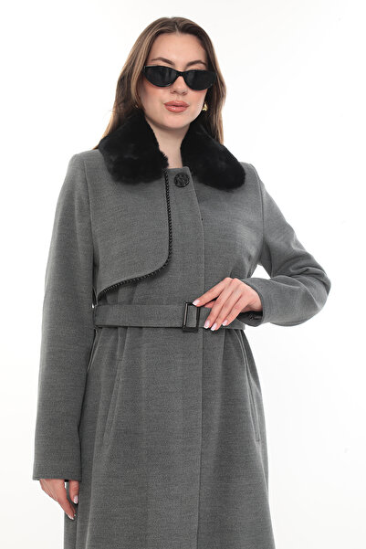 minessa KÜRK YAKALI BONCUK DETAYLI KEMERLİ KAŞE KABAN