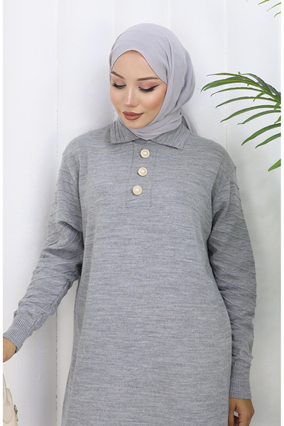 sefamerve Πλεκτό φόρεμα με γιακά πόλο με κουμπιά 1141-03 Γκρι