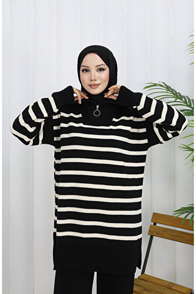 sefamerve Knitted turtleneck striped tunic pants two-piece set 1107-07 black