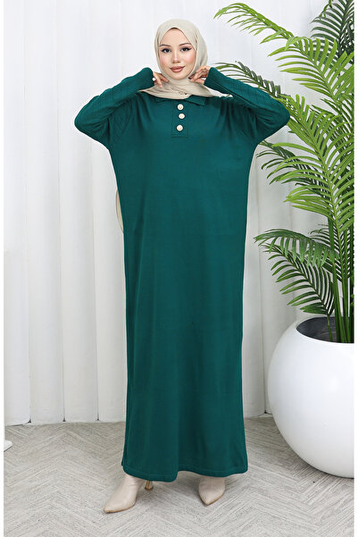 sefamerve Knitwear Polo Neck Button Dress 1141-01 Petrol