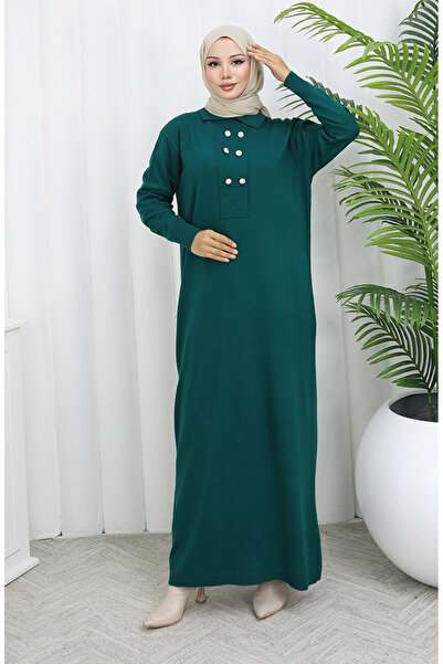 sefamerve Πλεκτό φόρεμα με λαιμόκοψη πόλο με λεπτομέρεια με κουμπιά 0007-03 Petrol