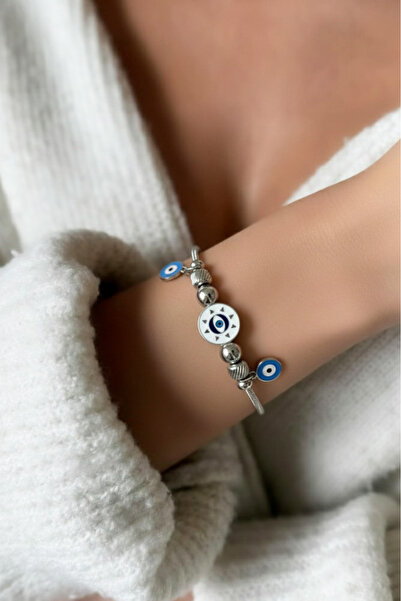 Modacaprea سوار نسائي من الفولاذ مع تعويذة العين الشريرة - سوار ذهبي اللون مق...