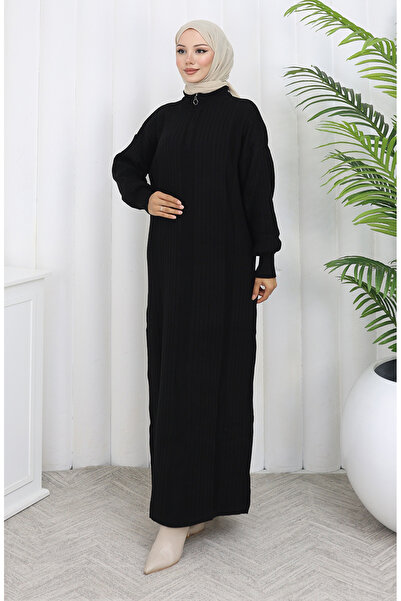 sefamerve Tricotaj material reiat Rochie cu fermoar 0005-05 Negru