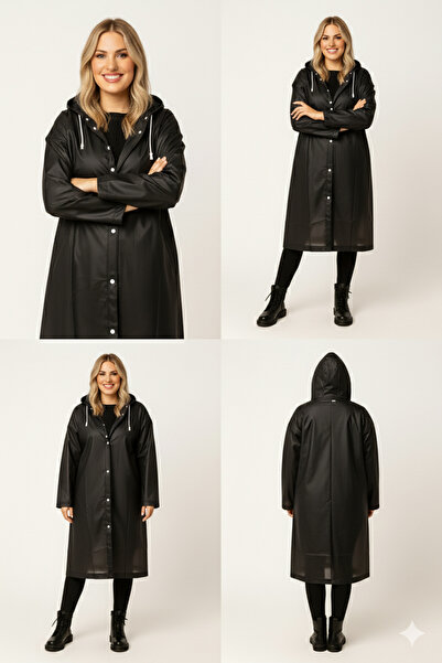 Sibel Günay Butik Unisex Waterproof Hooded Black Raincoat | Height 120 cm – Chest 70 cm